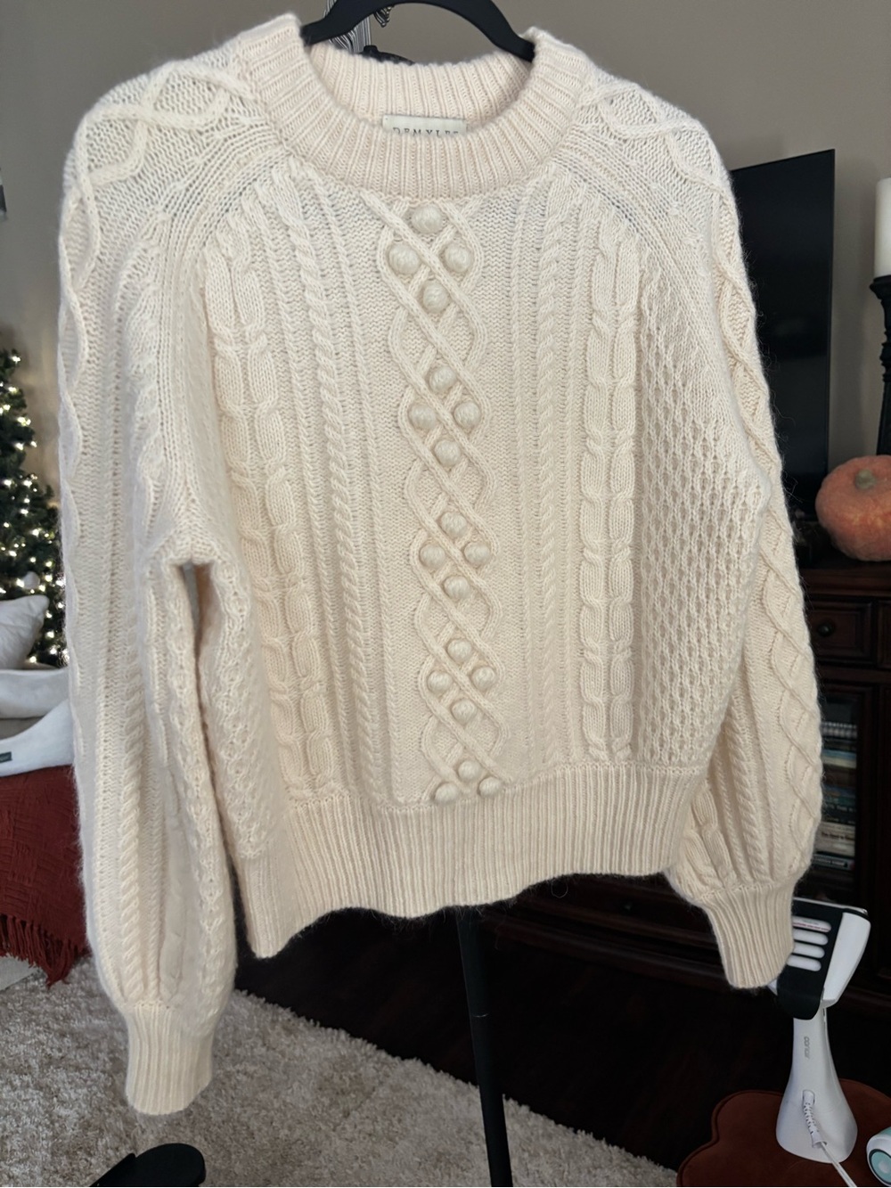 Women's Cream Cable Bobble Crewneck Sweater